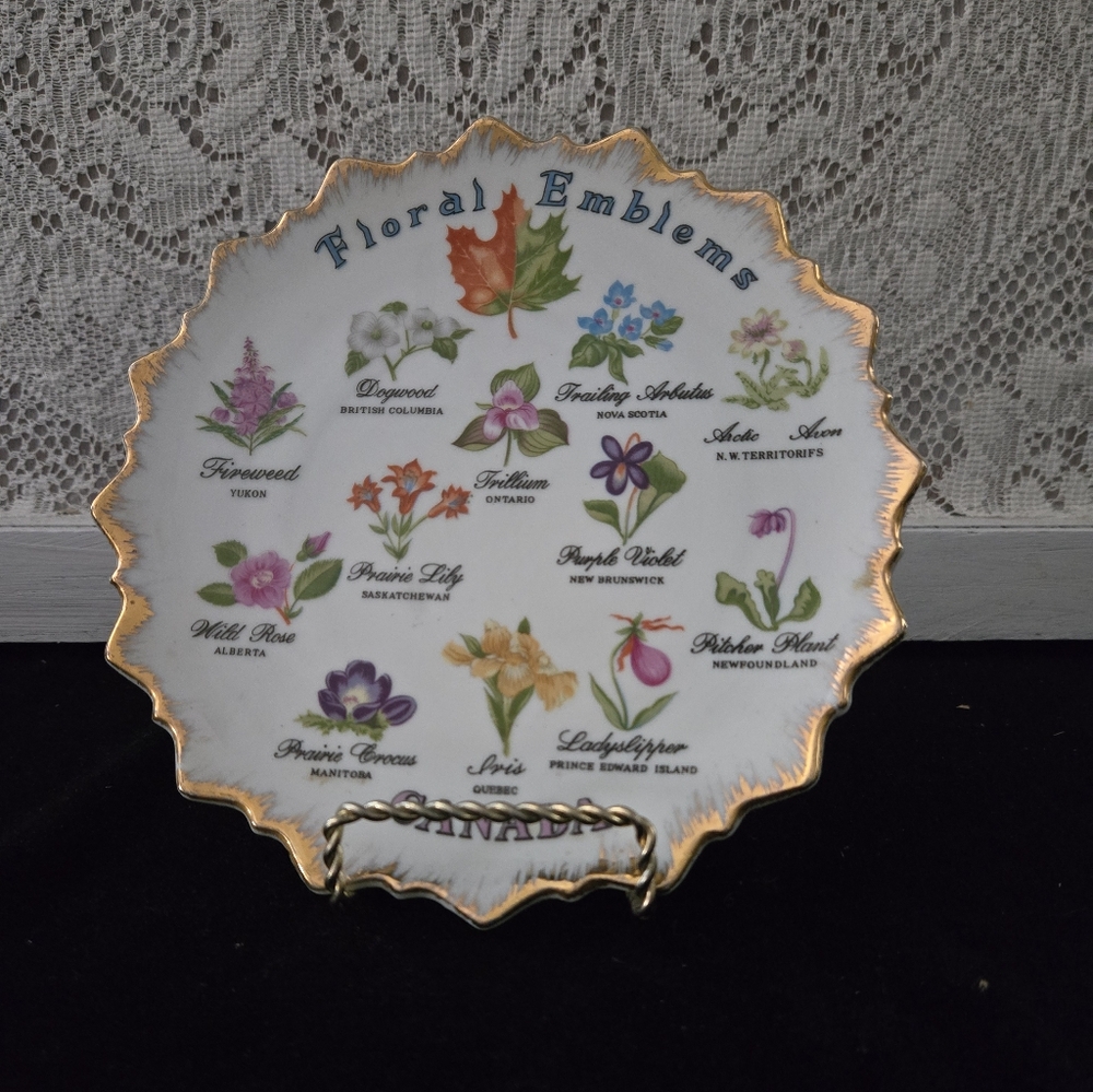 Vintage Canada Floral Emblems Decorative Plate with Gold Trim